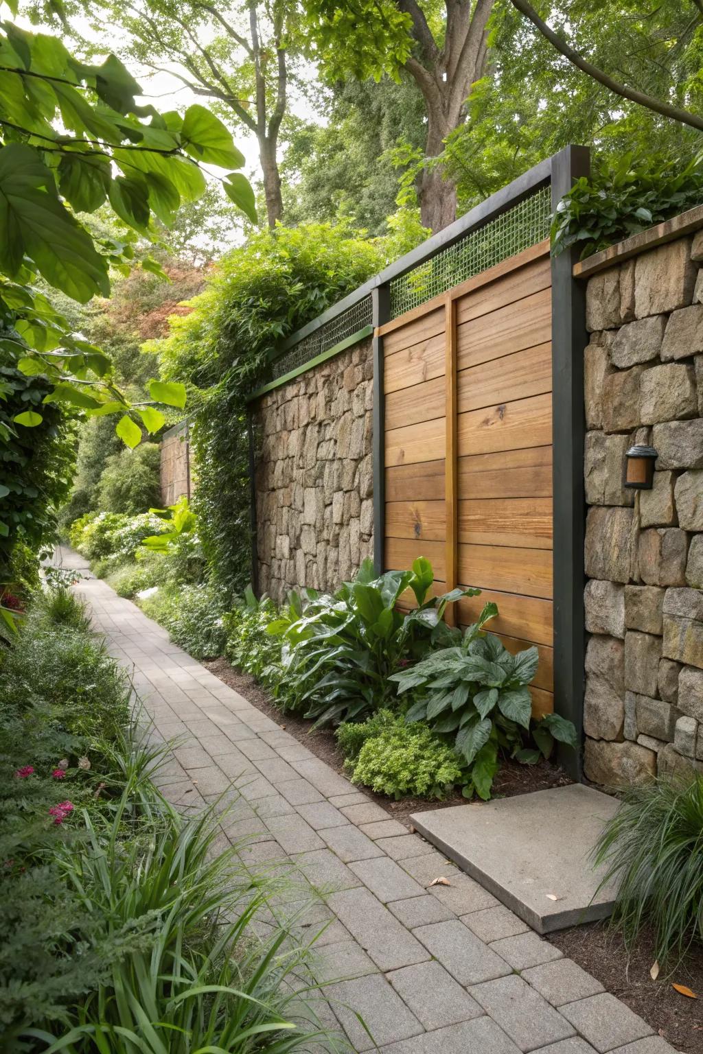 Mixed materials create visually dynamic garden walls.