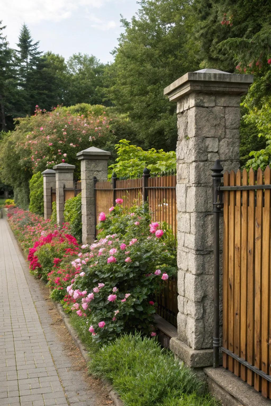 Stone and wood fences offer a captivating blend of strength and beauty.