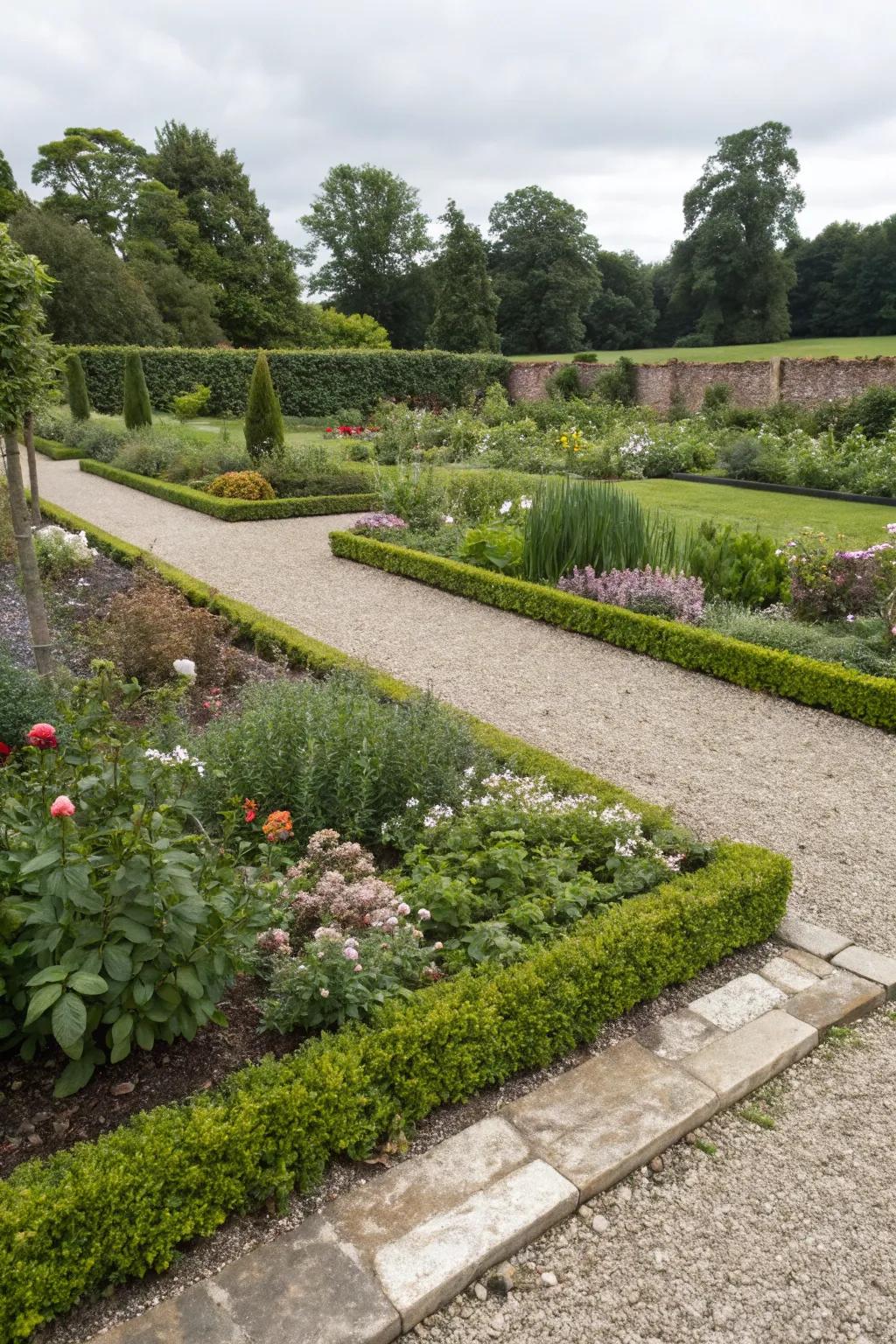 Gravel borders providing elegant definition in a garden.