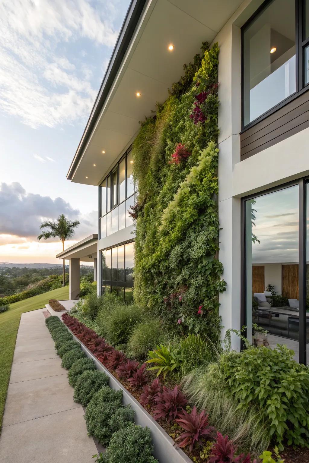 A modern home featuring a lush vertical garden.