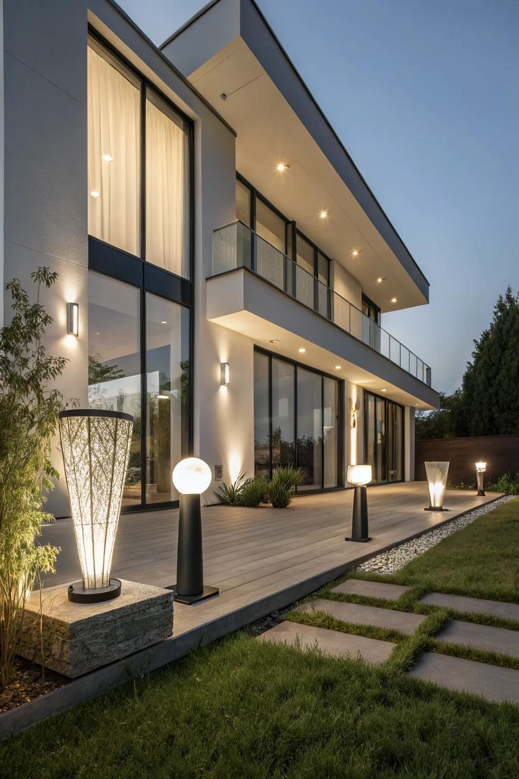 Sculptural lighting highlights the beauty of this modern facade.