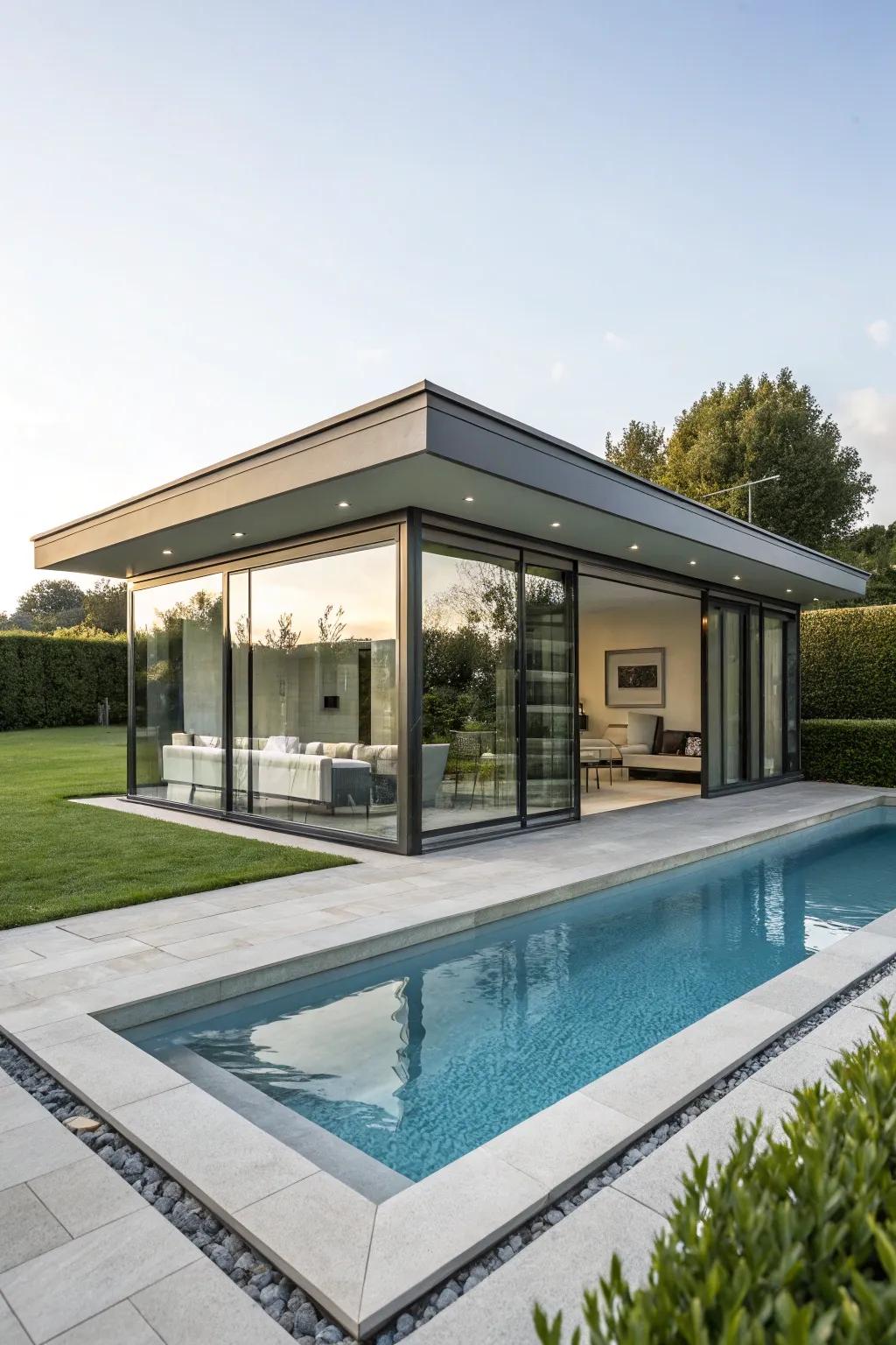 A modern pool house offering convenience and comfort right next to the pool.