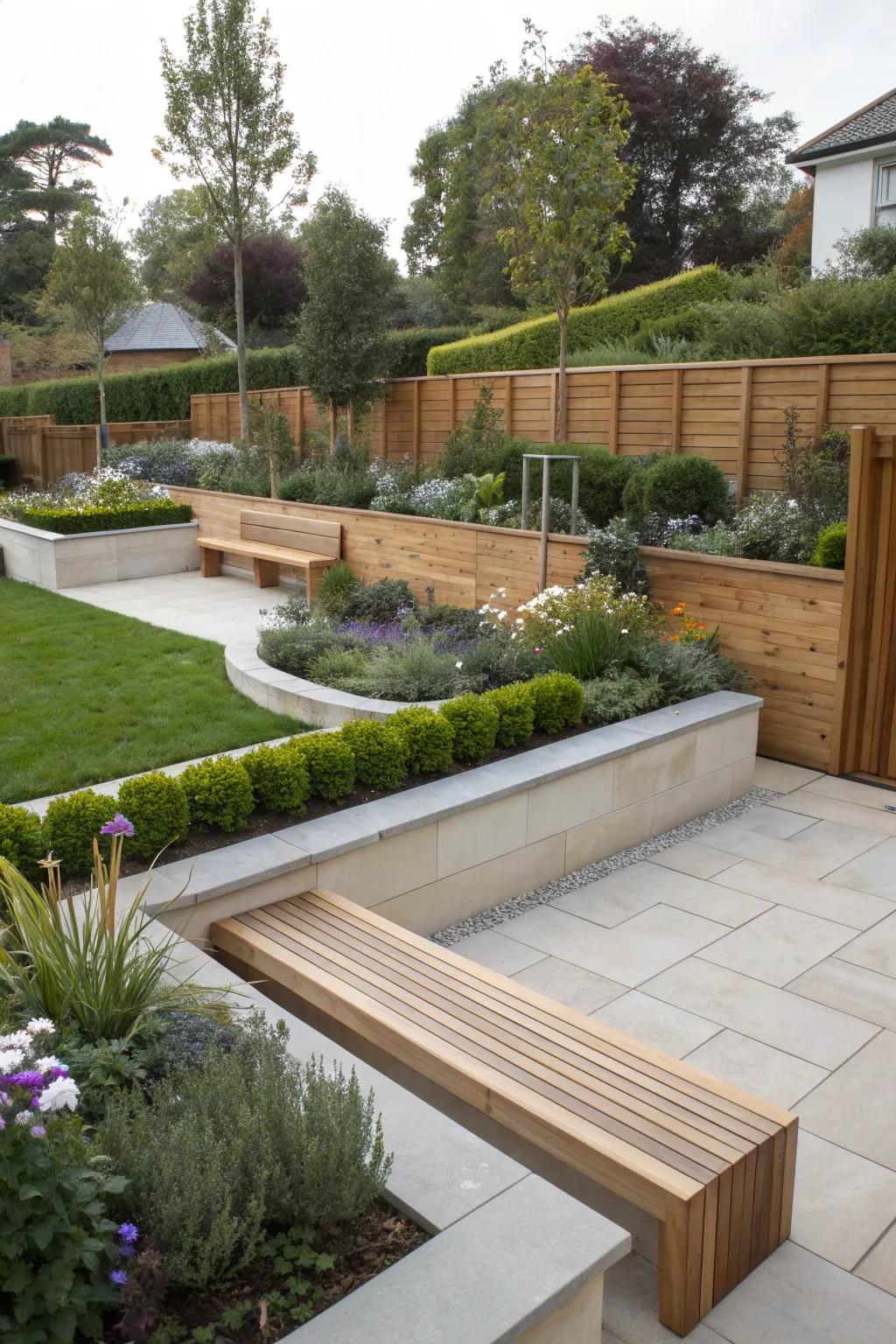 Wooden features bring warmth to modern gardens.