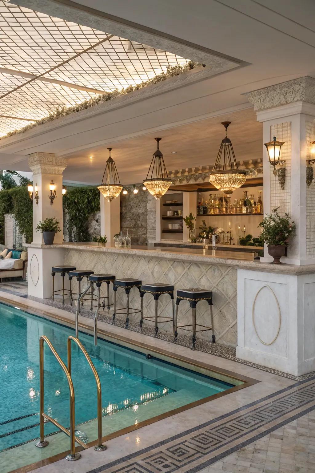 A swim-up bar offers convenience and style for poolside gatherings.