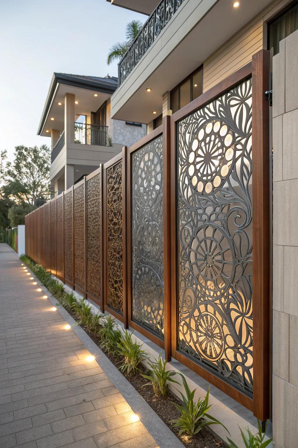 Artistic laser-cut metal in wood fence