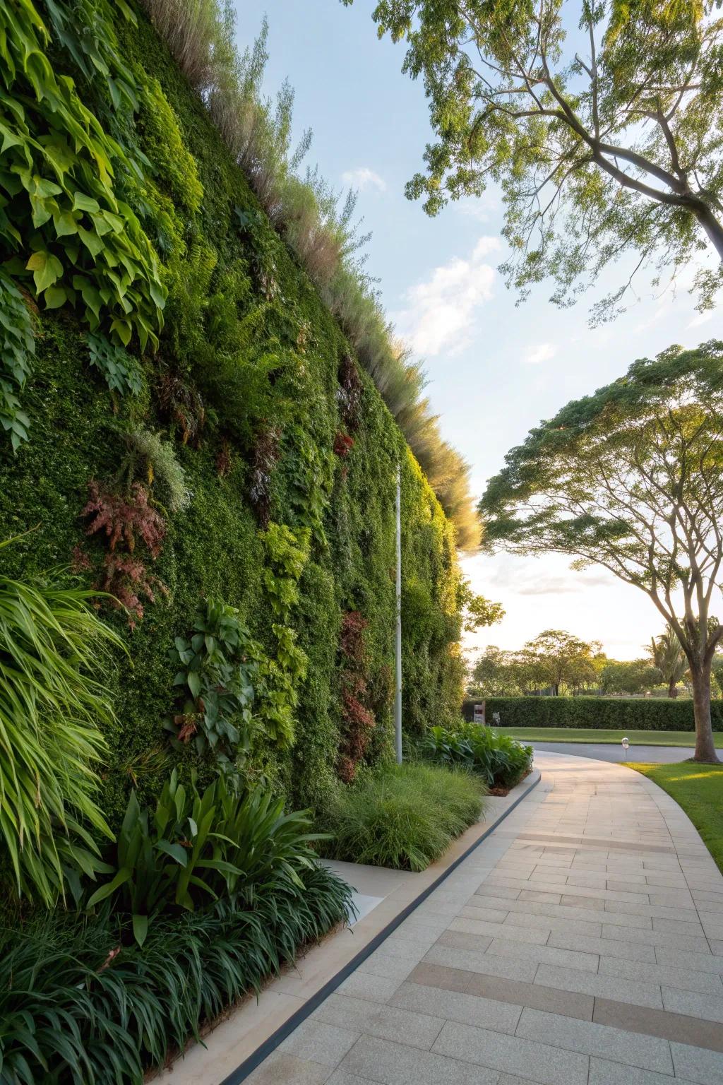 A vertical garden adds lush greenery and visual interest.