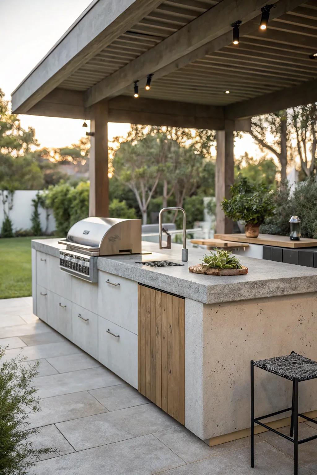 Unique countertops made from concrete or glass bring a modern edge to outdoor kitchens.