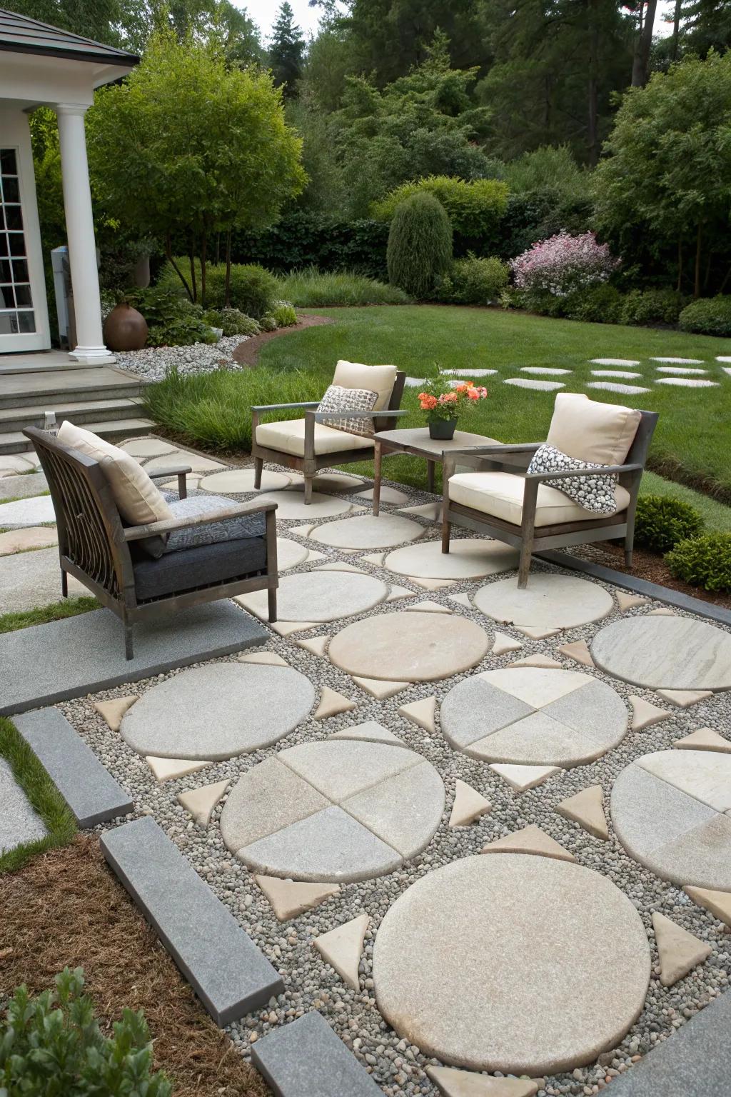 Geometric patterns elevate the design of a pea gravel patio.