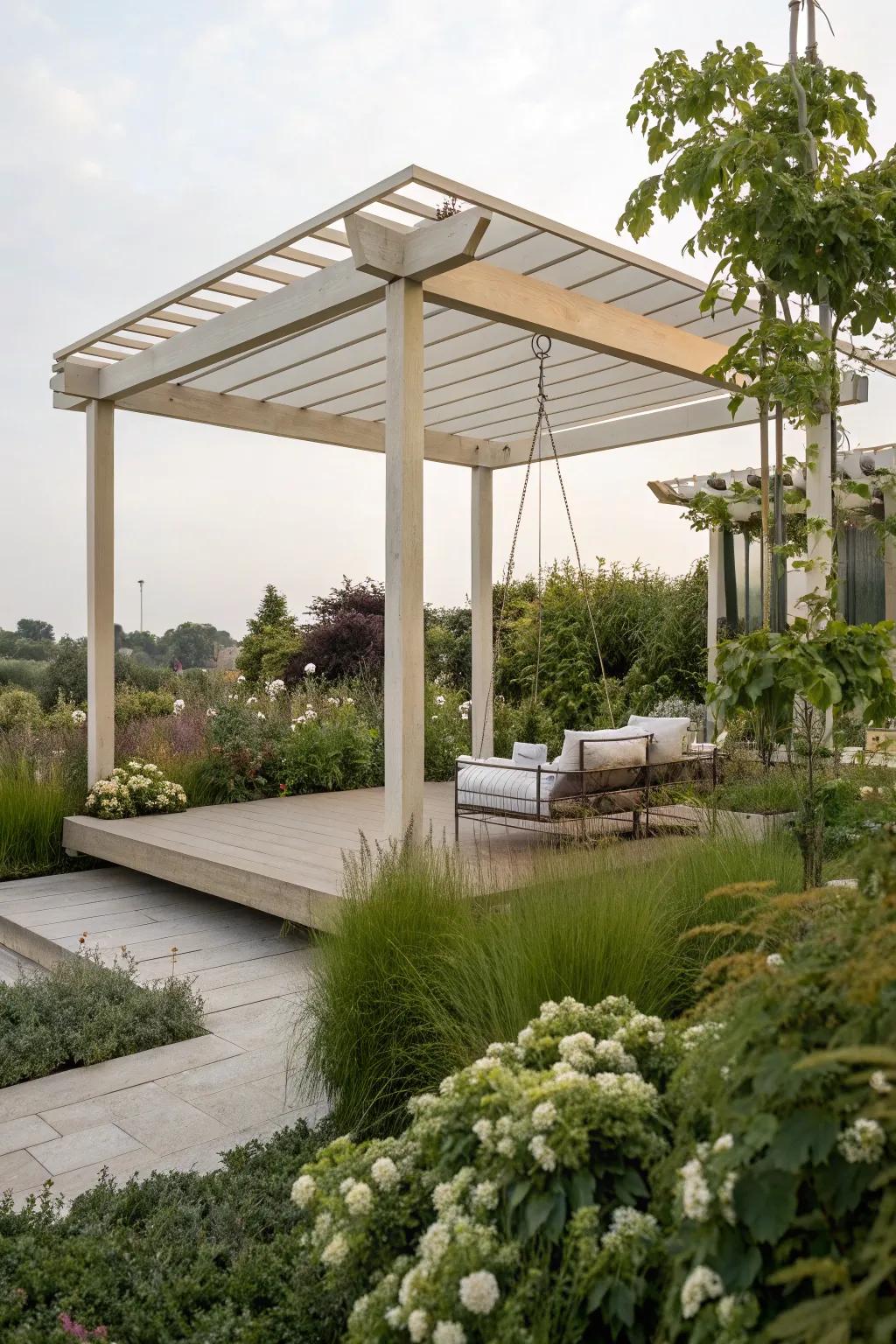 A floating pergola design that adds a touch of modern sophistication.