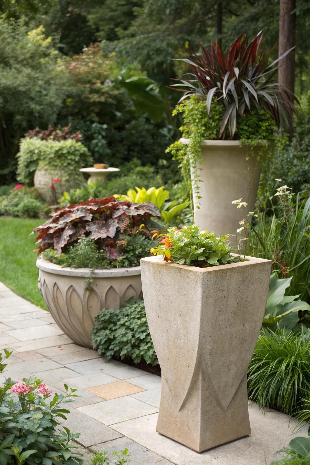 Sculptural planters serve as stunning garden focal points.