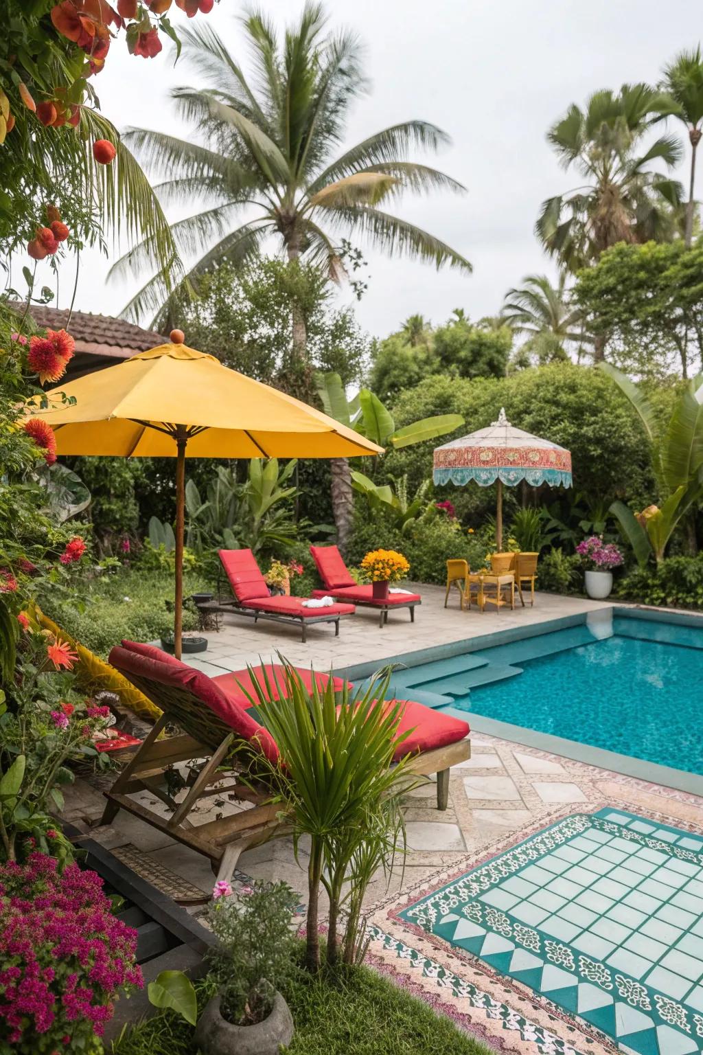 Bring tropical vibes to your pool deck with colorful plants and decor.