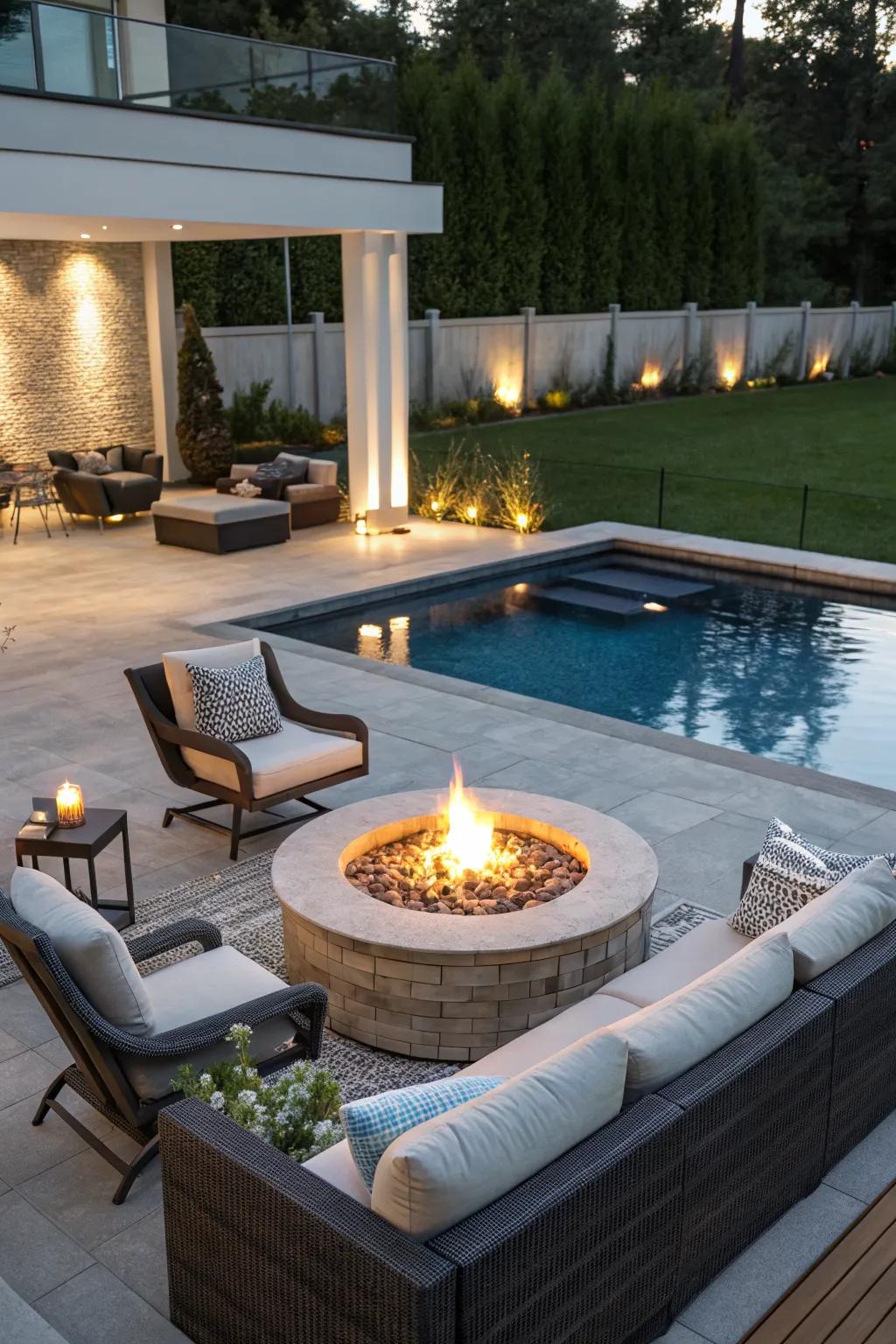 A fire feature providing warmth and ambiance on a modern pool patio.
