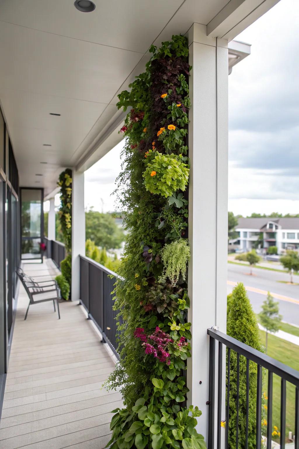 A modern porch featuring a vertical garden.