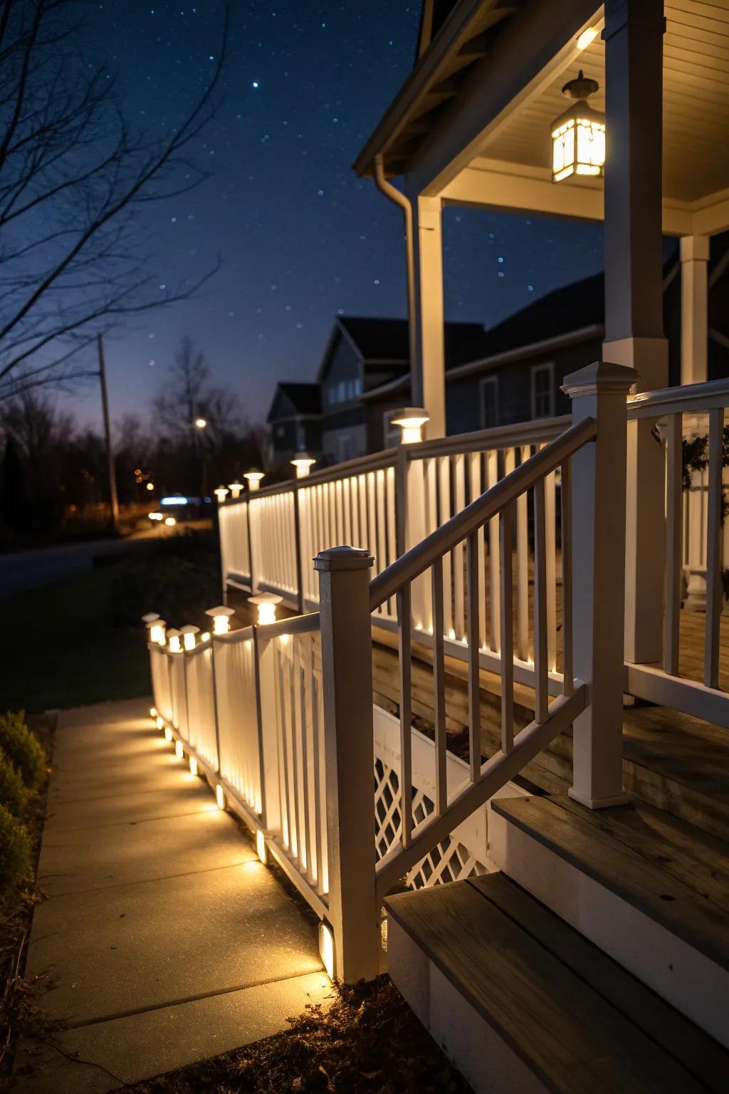 Lighting integrated into railings enhances evening ambiance.
