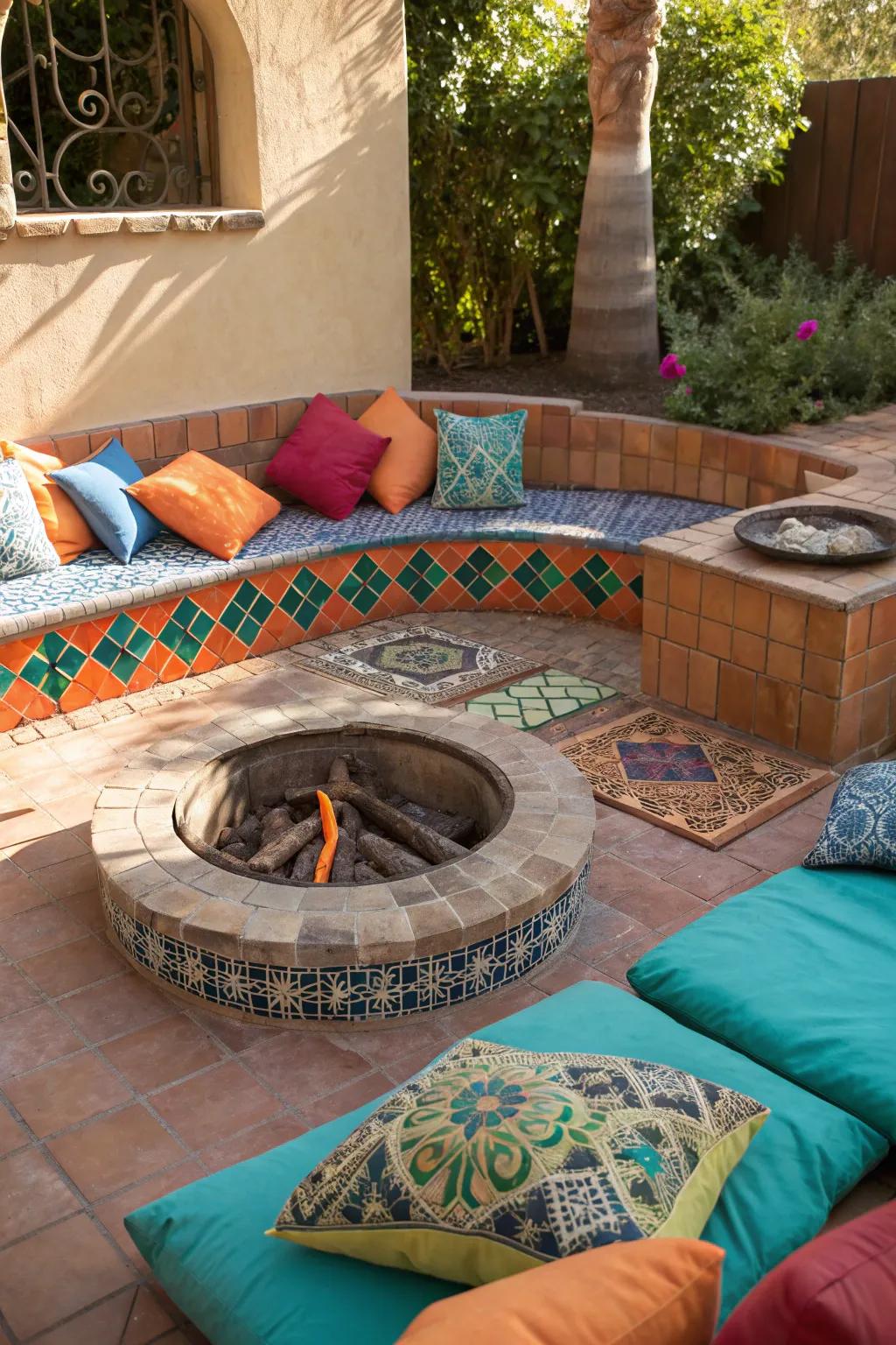 Vibrant tiles and cushions create a Mediterranean escape around a sunken fire pit.