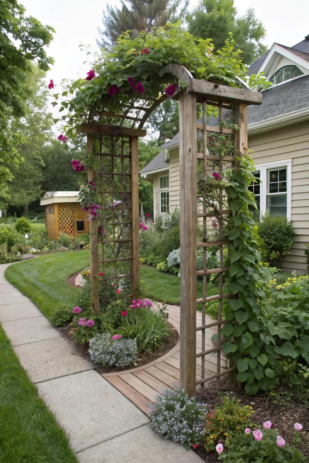 Recycled materials can create an eco-friendly trellis.