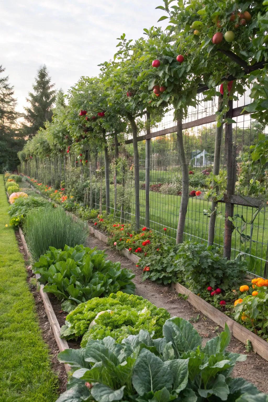 Espaliered apple trees adding height and fruit to a garden.