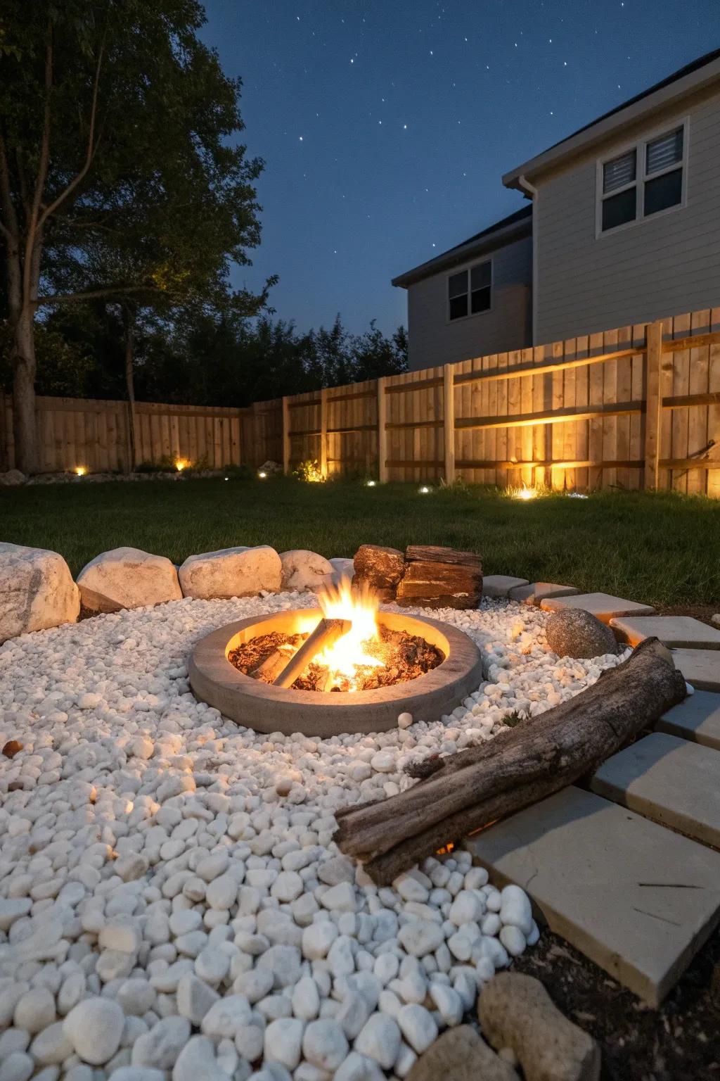 Accent your fire pit with a sleek white pebble border.