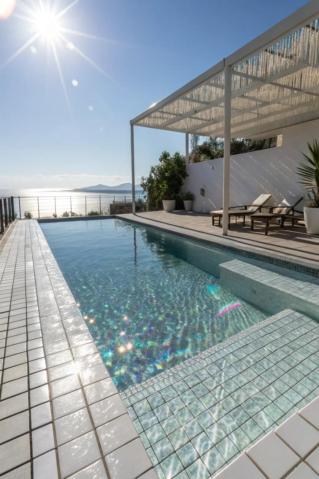 Iridescent white tiles adding a subtle sparkle to the pool.
