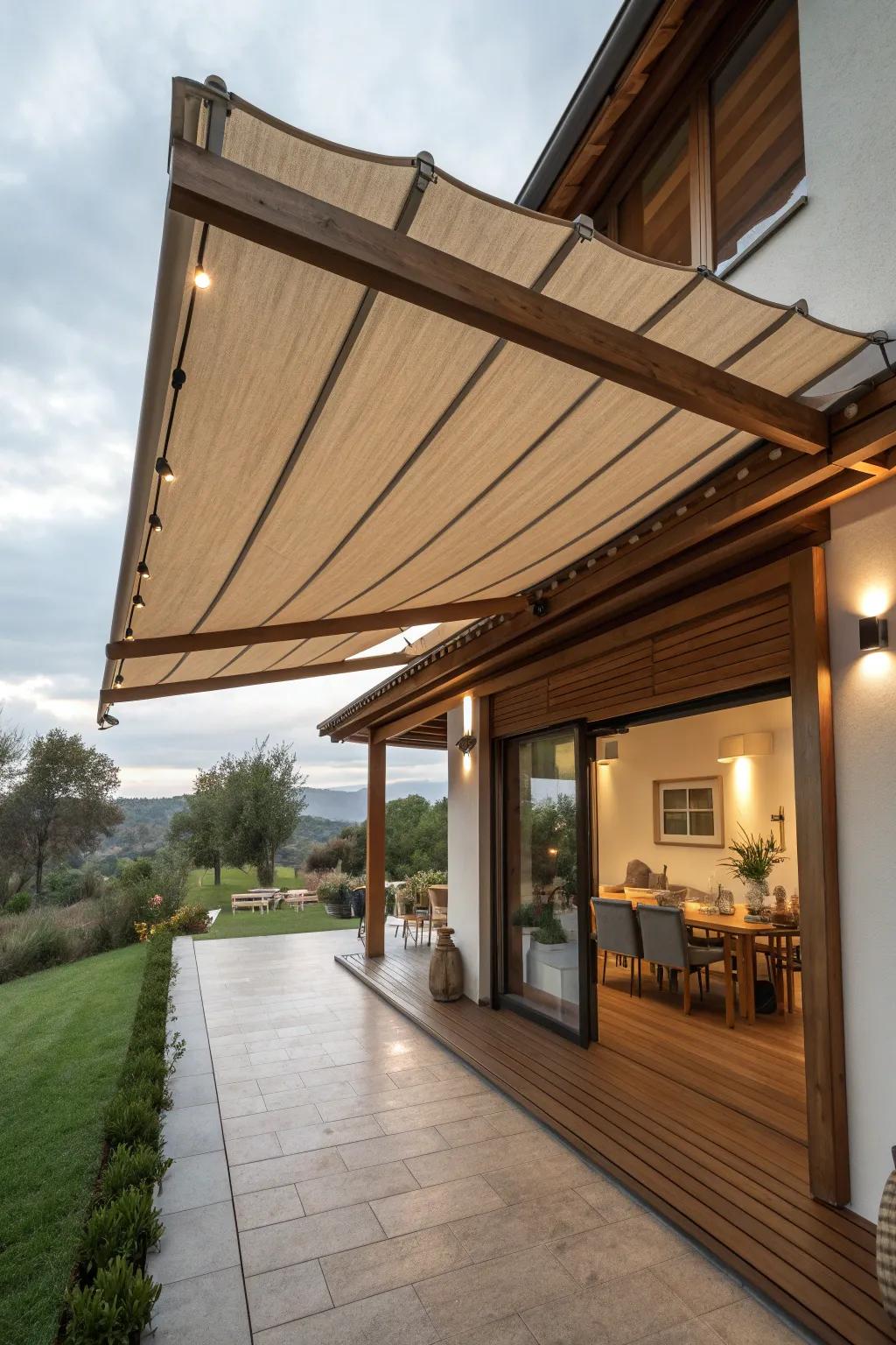 A wooden awning that seamlessly connects the indoor and outdoor living areas.