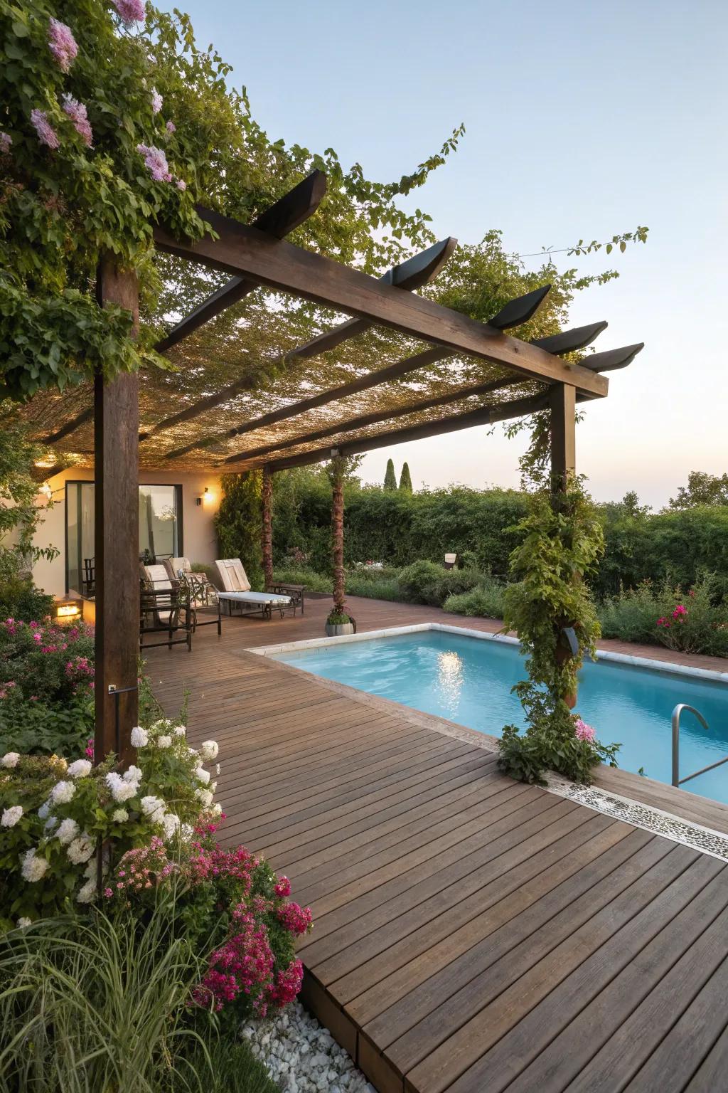 A wood pool deck featuring a beautiful pergola for shade.