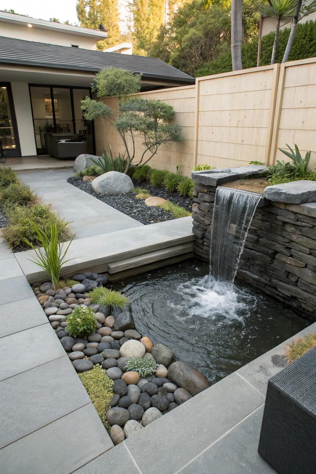 A waterfall enhances the tranquility of a Zen garden.