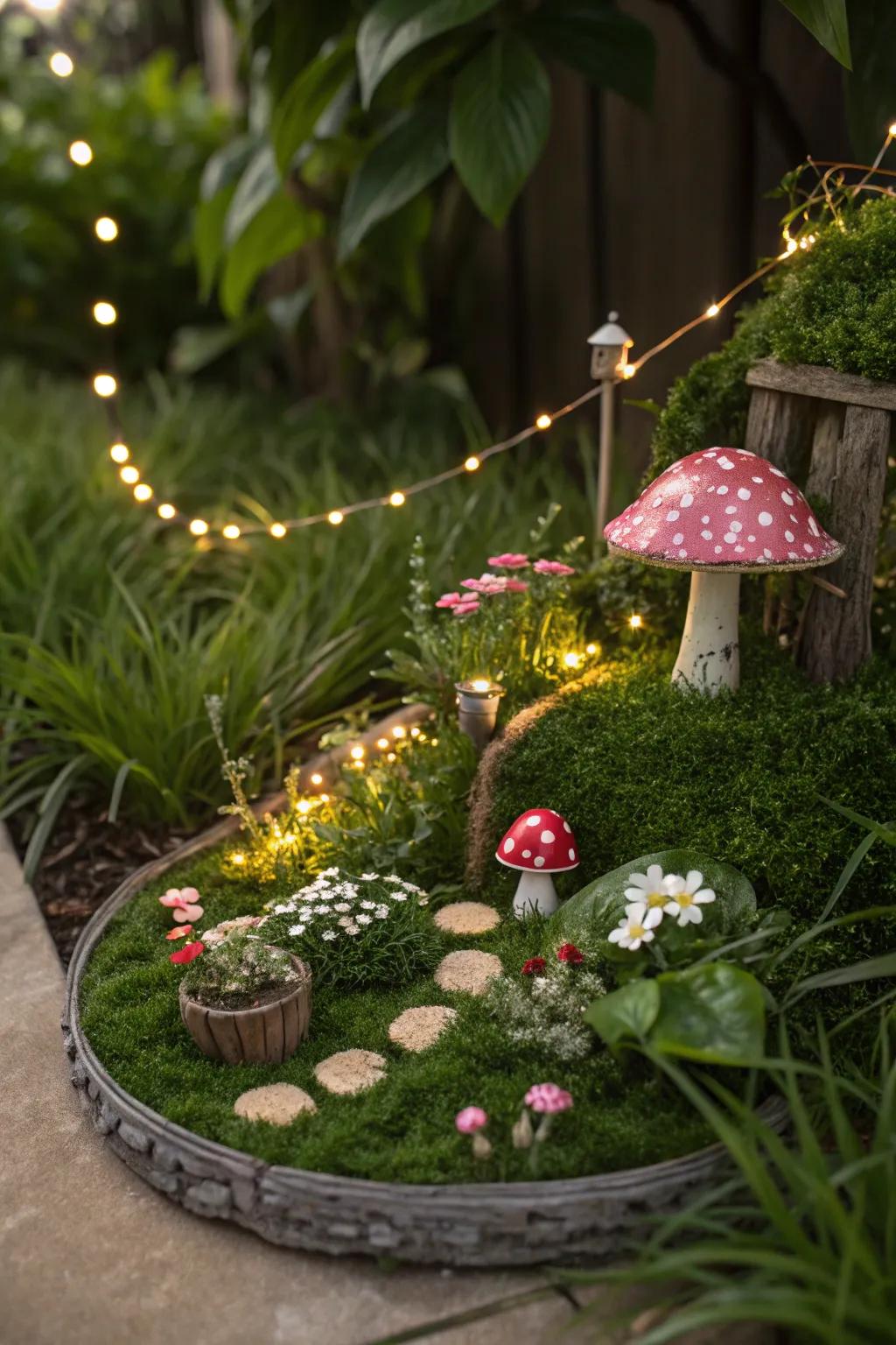 Mondo grass forms the lush backdrop for a magical fairy garden setting.