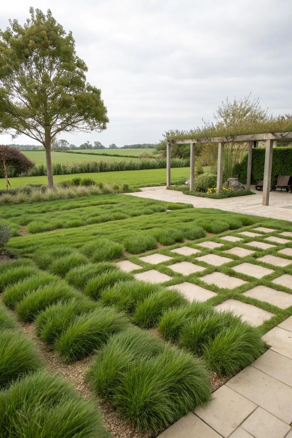 Opt for low-maintenance ground cover with monkey grass.