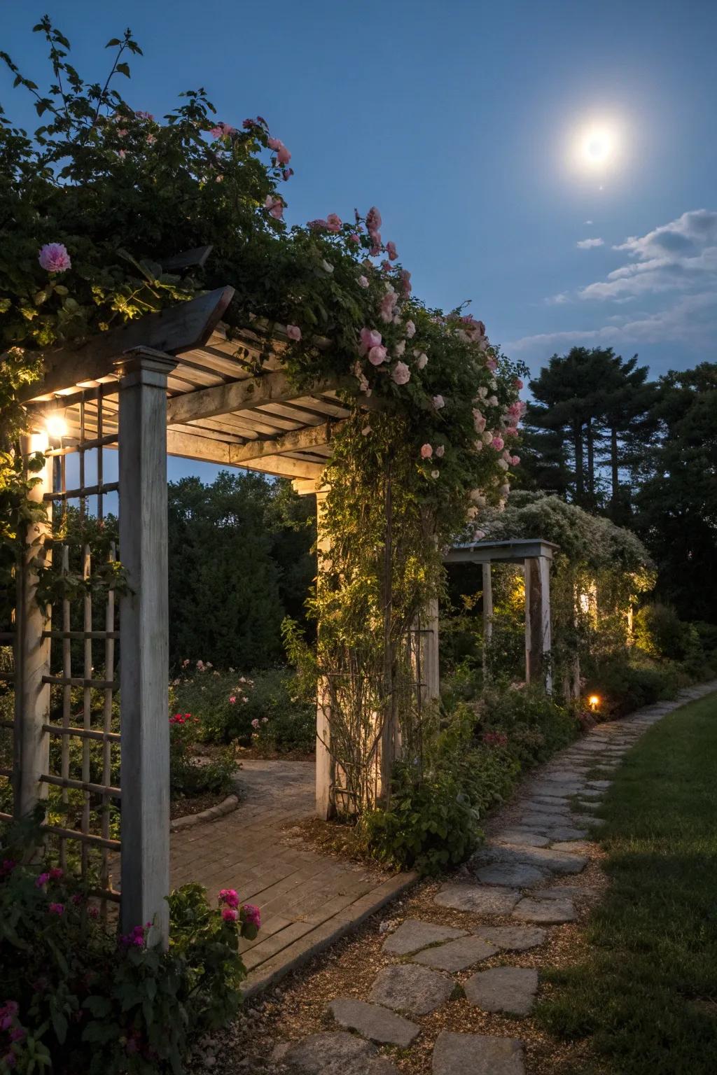 A trellis adding vertical interest in the moonlit garden.