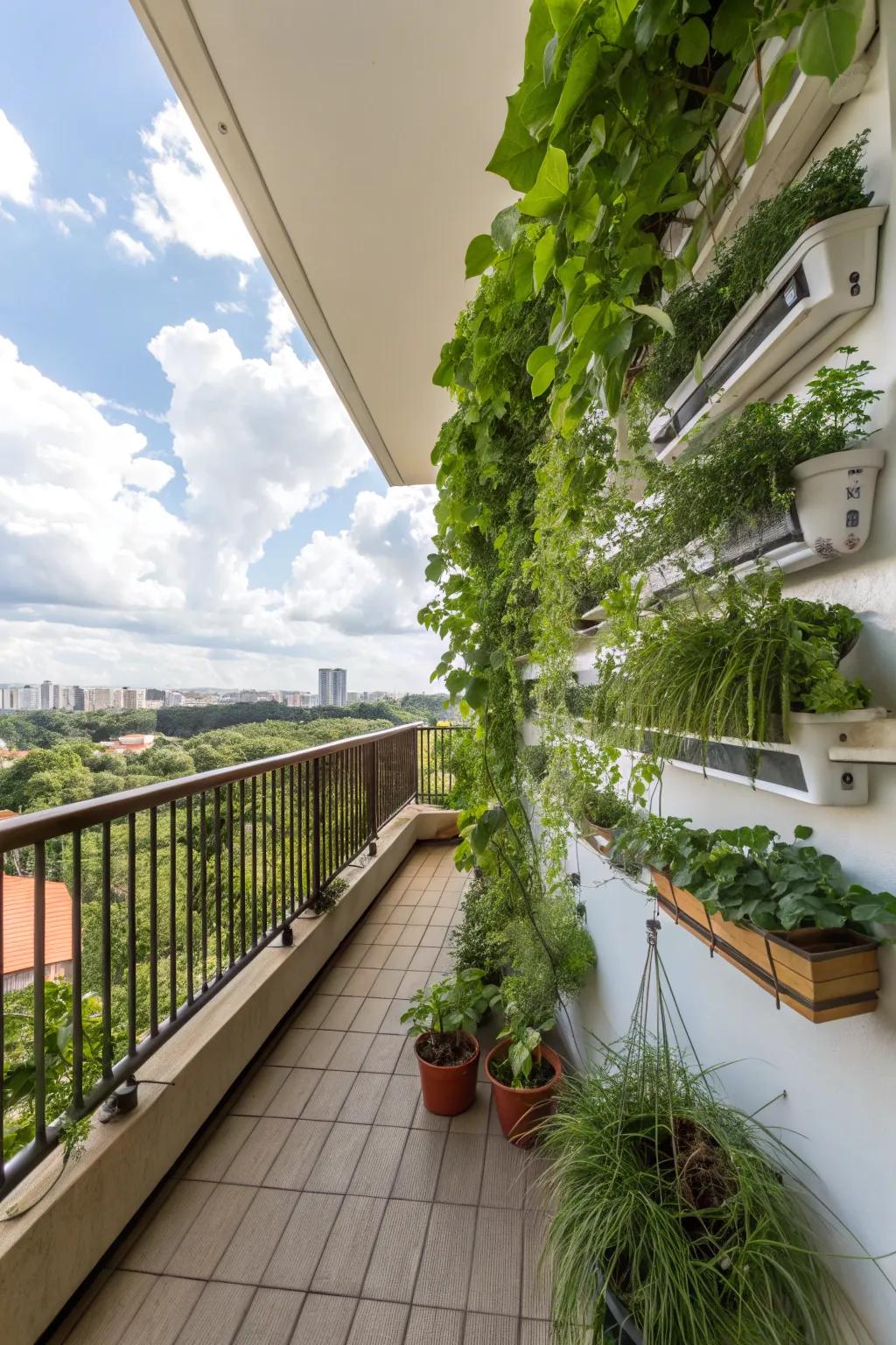 Hanging gardens maximize space and greenery on small balconies.