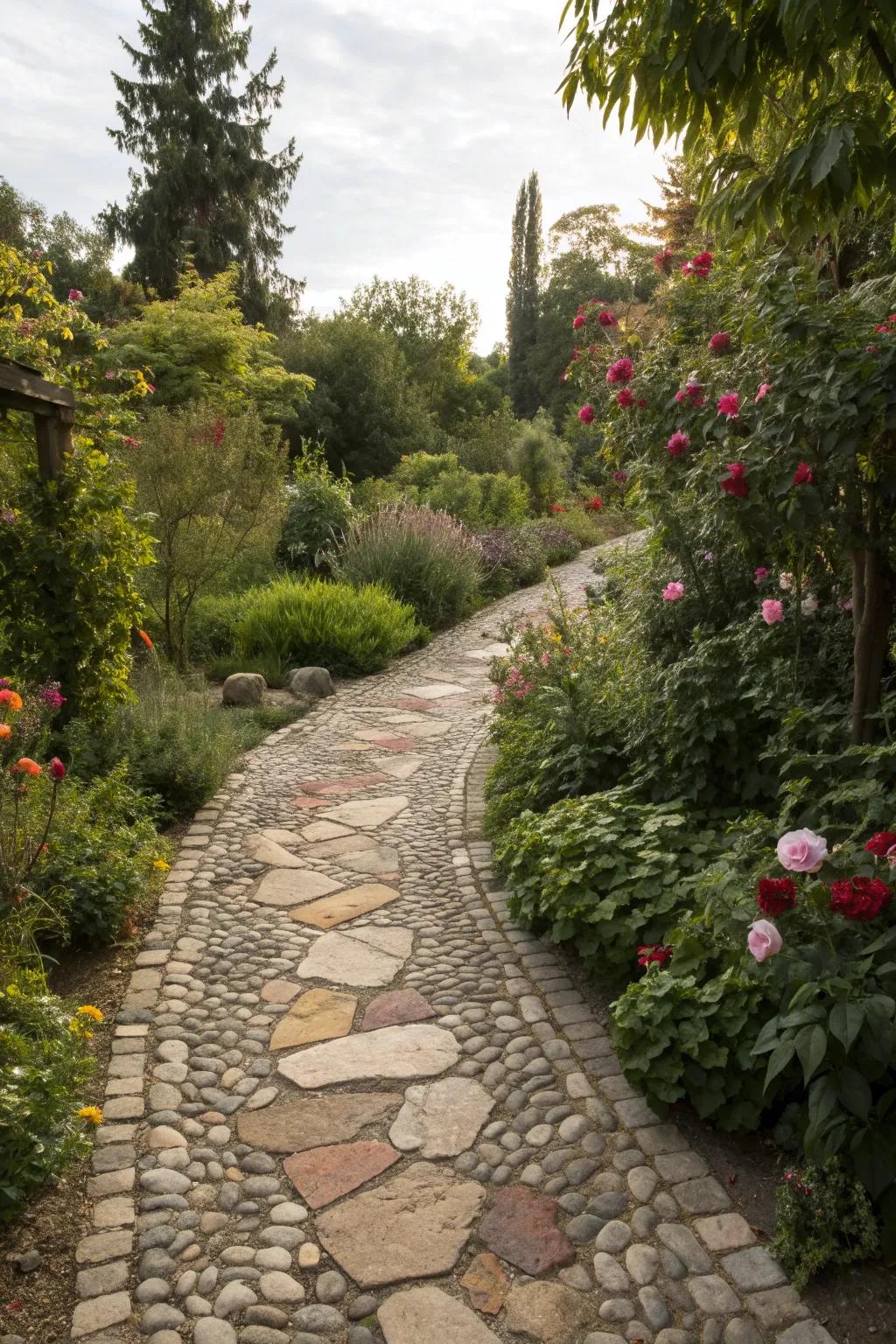 A rustic mosaic pathway featuring natural stones, offering timeless charm in the garden.
