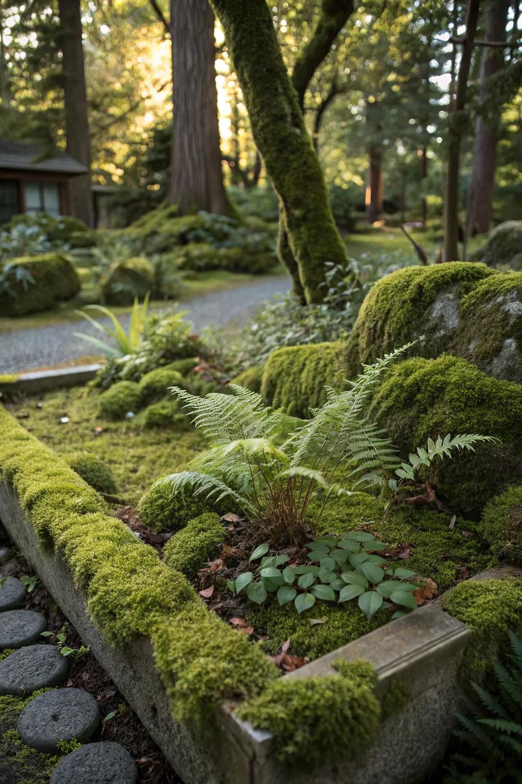 A garden bed showcasing a beautiful mix of moss and ferns, thriving in the shade.