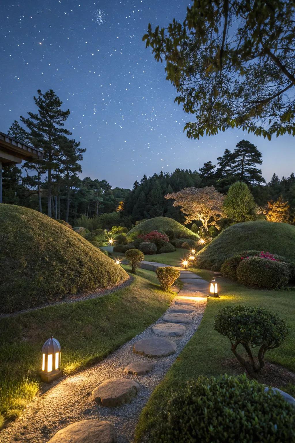 Pathway lights create a magical ambiance around mounds.