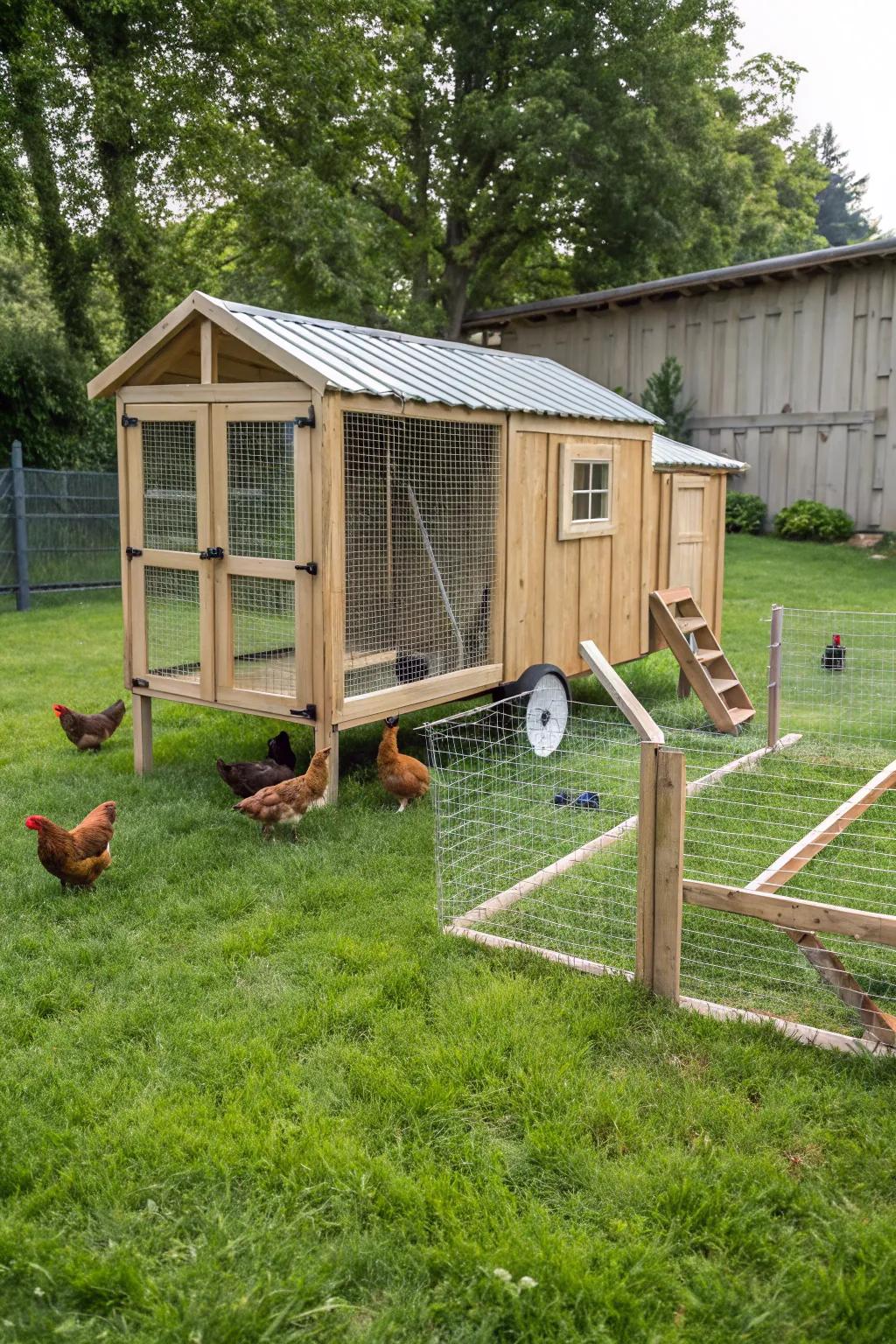 A portable pasture provides chickens with fresh grass and space.
