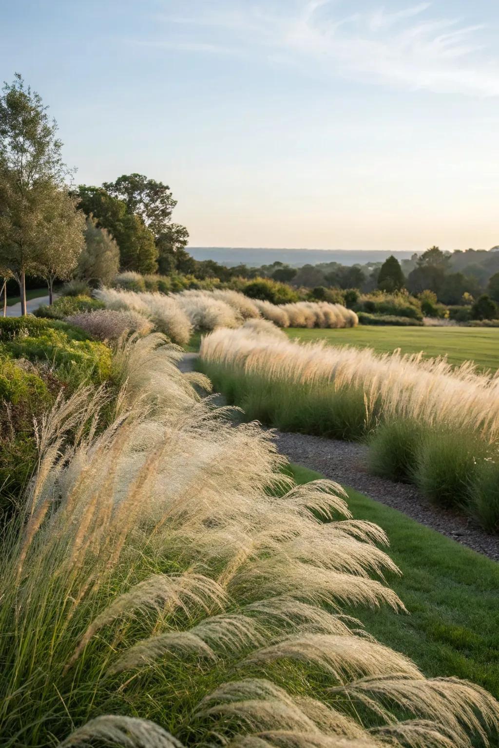 Mass planting of muhly grass provides a dramatic garden statement.