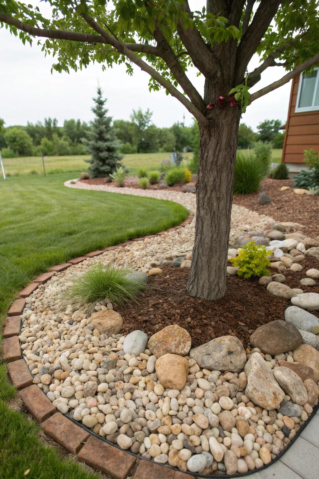 Pebble and mulch fusion adds texture and modern flair.