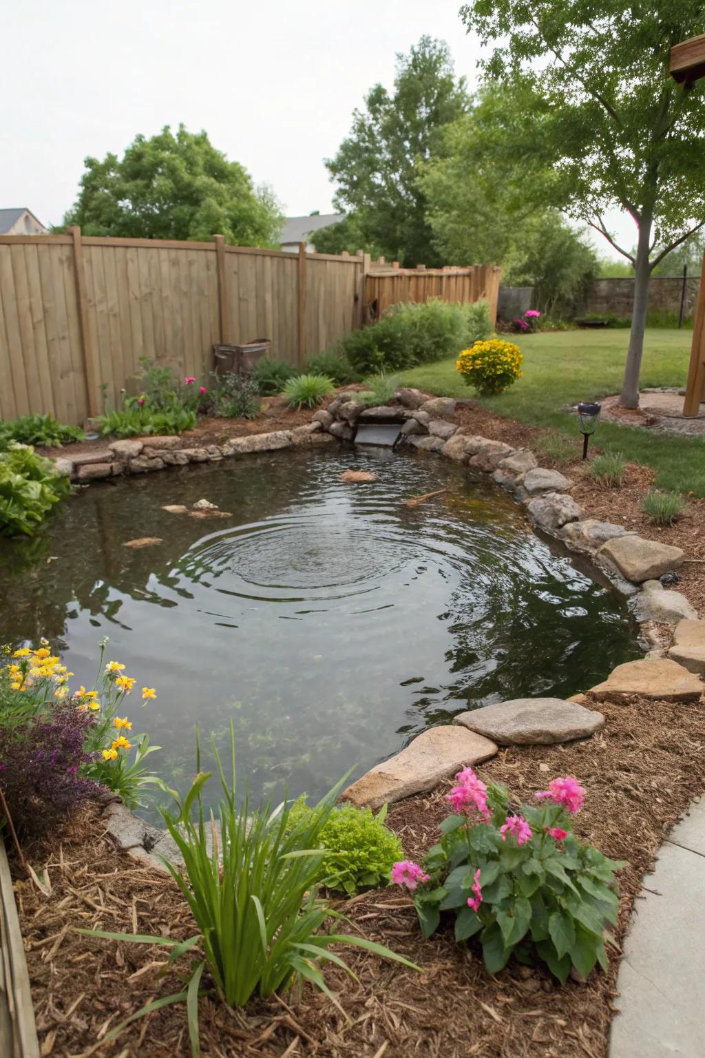 A tranquil pond framed by mulch and lush greenery.
