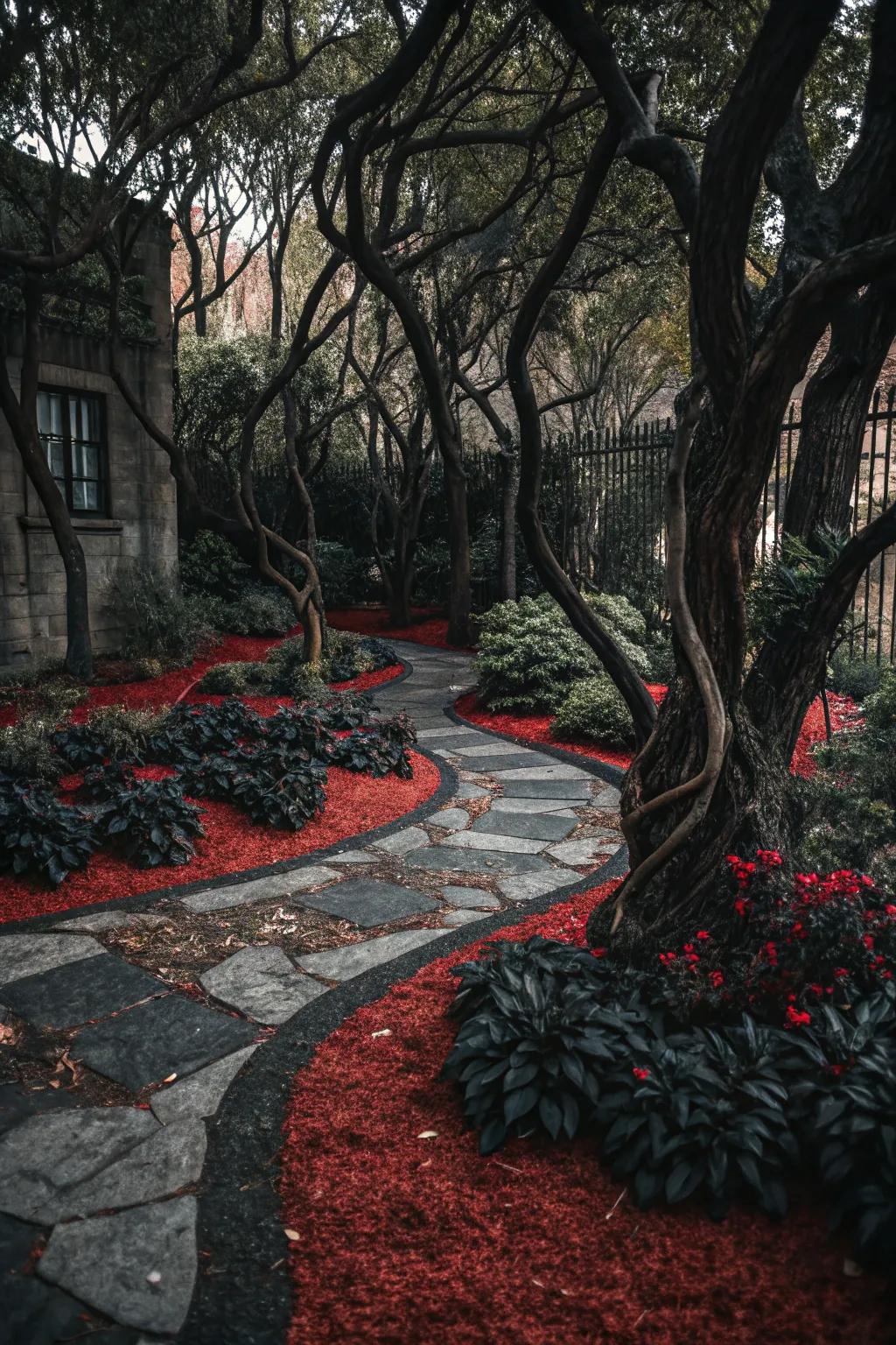 Dramatic gothic garden with mixed mulch colors.