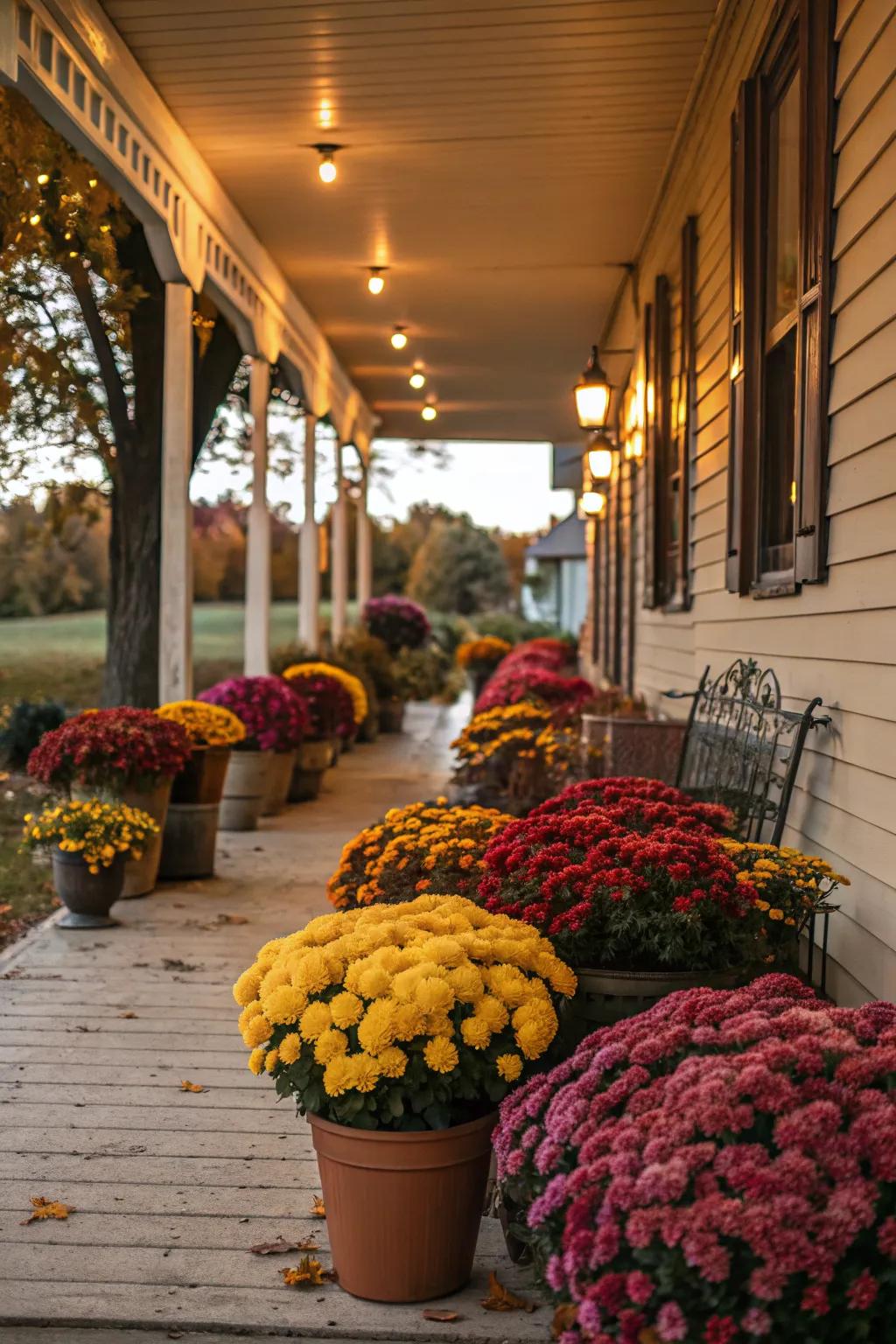 Line your porch with mums for color and privacy.