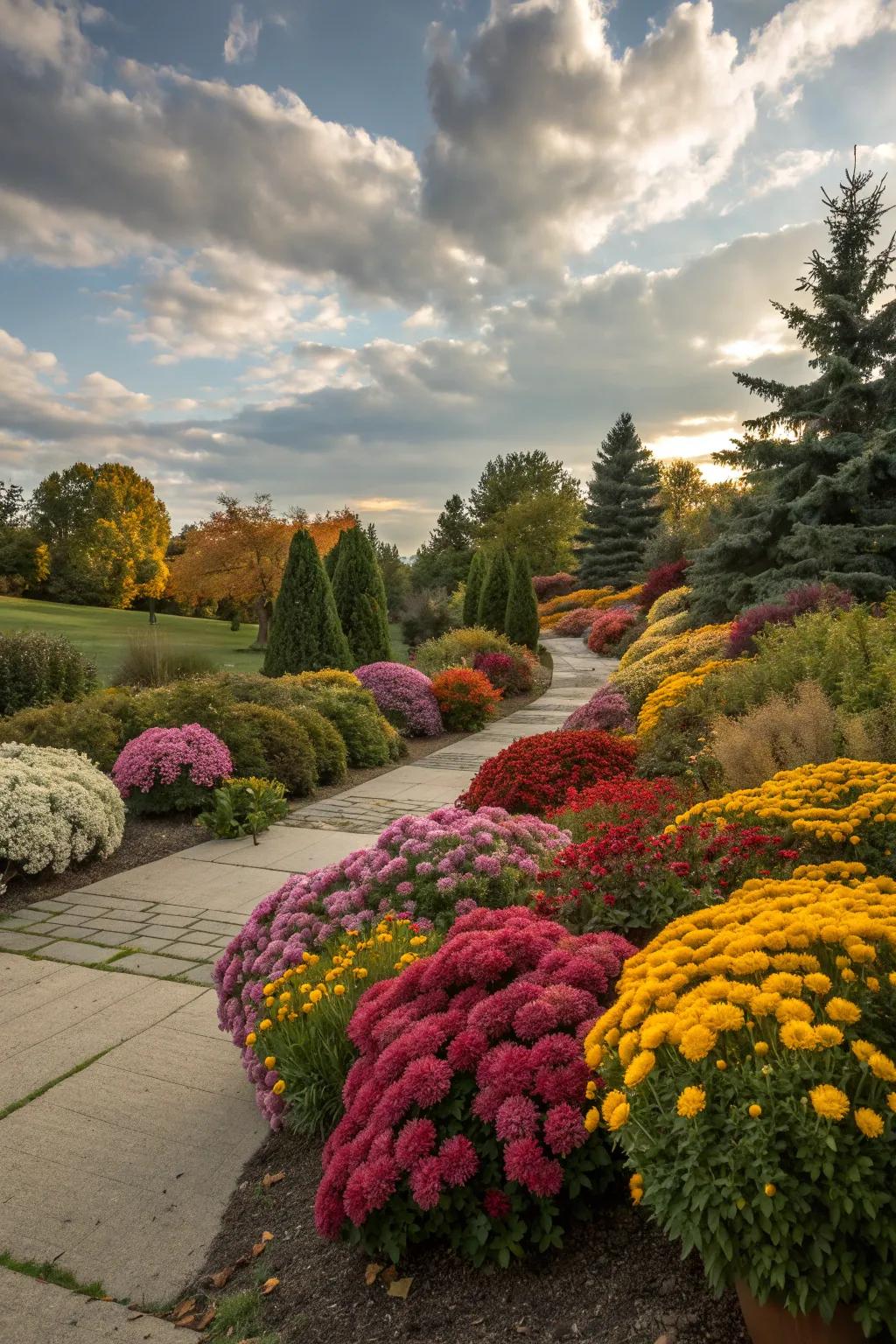Mums complementing evergreen shrubs.