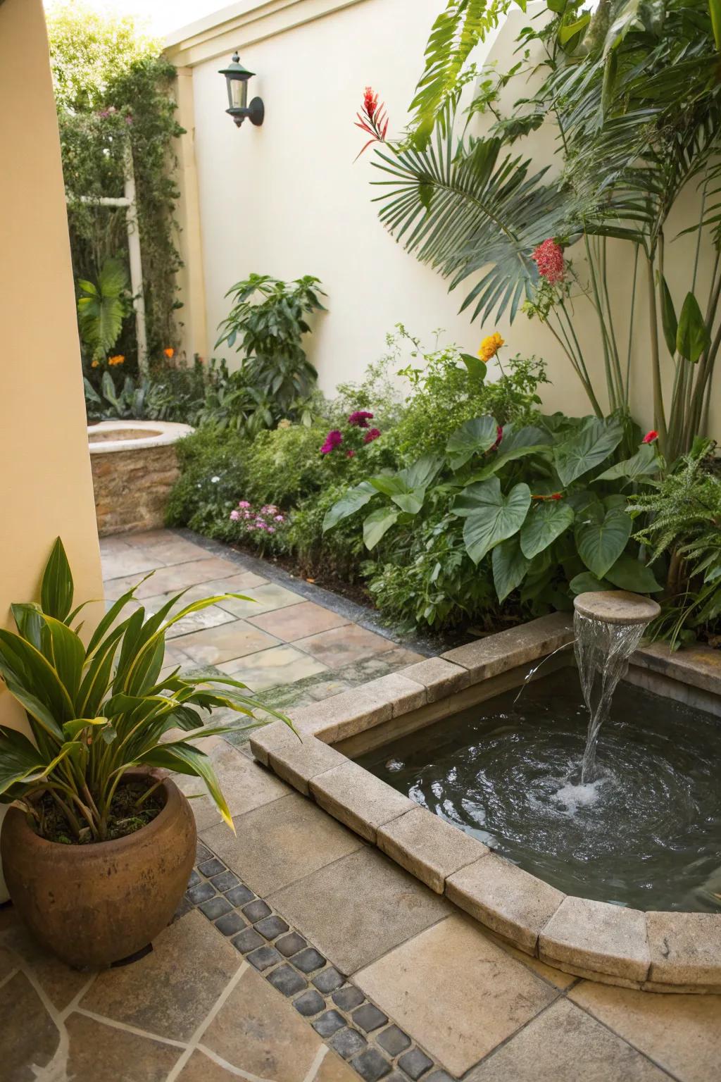 A water feature adds tranquility to the garden.