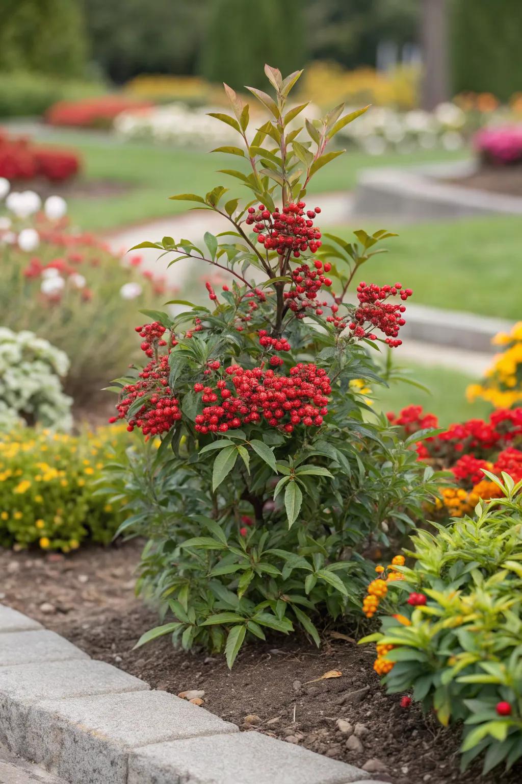 A nandina plant serves as a stunning focal point with its vibrant colors.