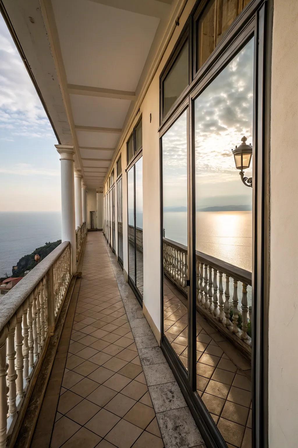Mirrors create an illusion of spaciousness on narrow balconies.