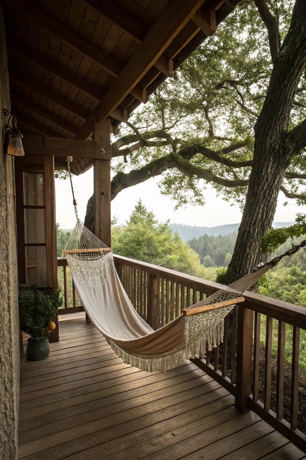 A hammock adds relaxation and a laid-back vibe.