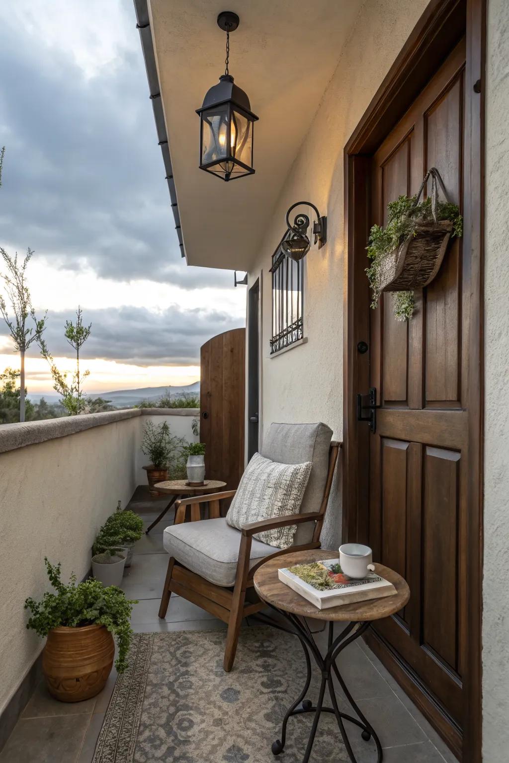 A personal lounge spot for relaxation on a narrow porch.