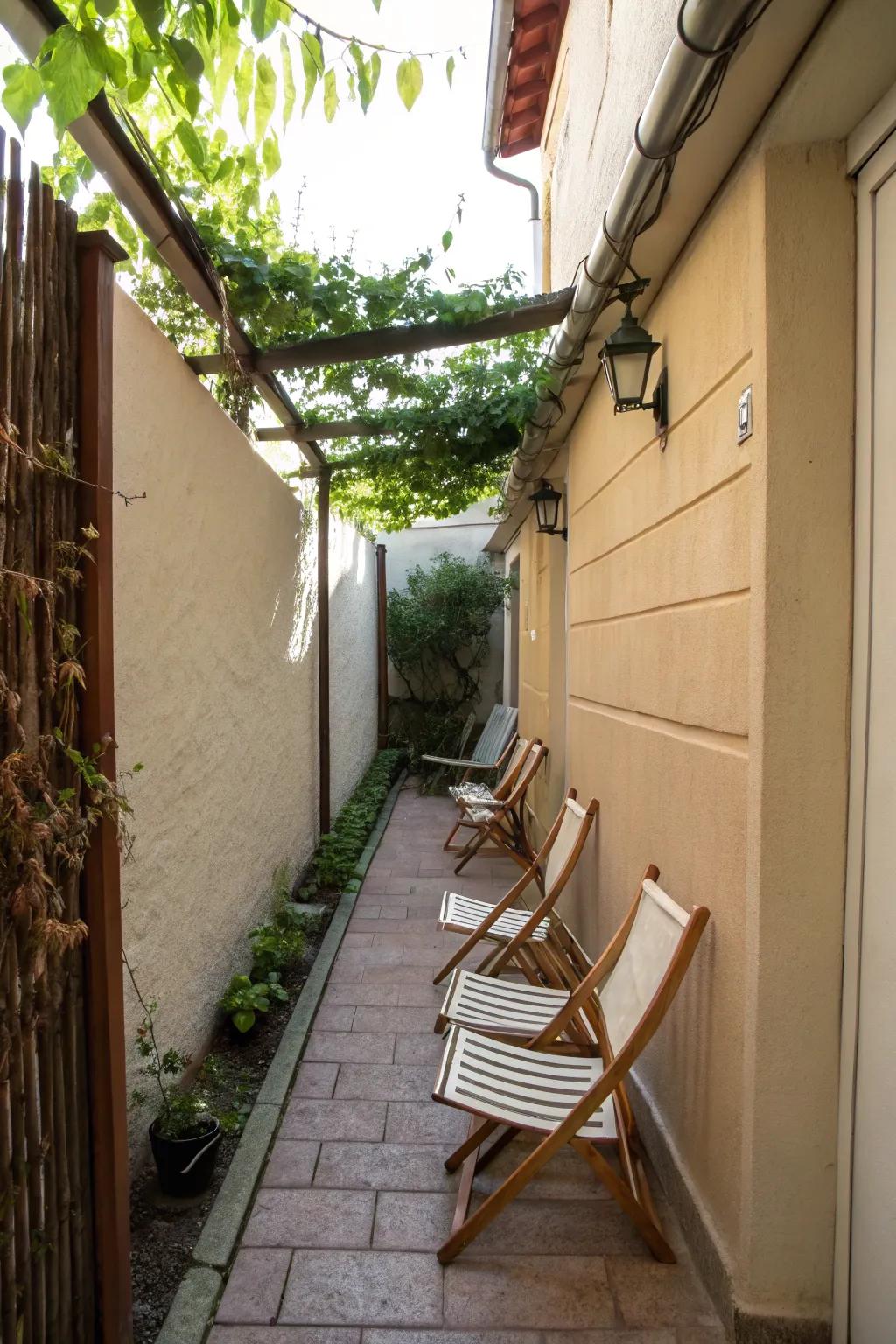 Foldable chairs on a narrow patio.