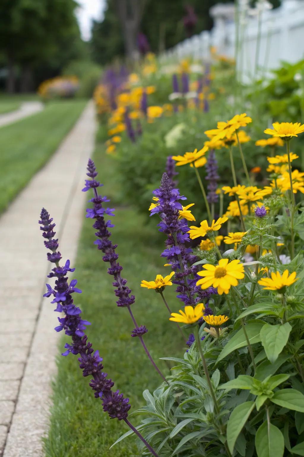 Contrasting salvia and coreopsis make this narrow strip stand out.