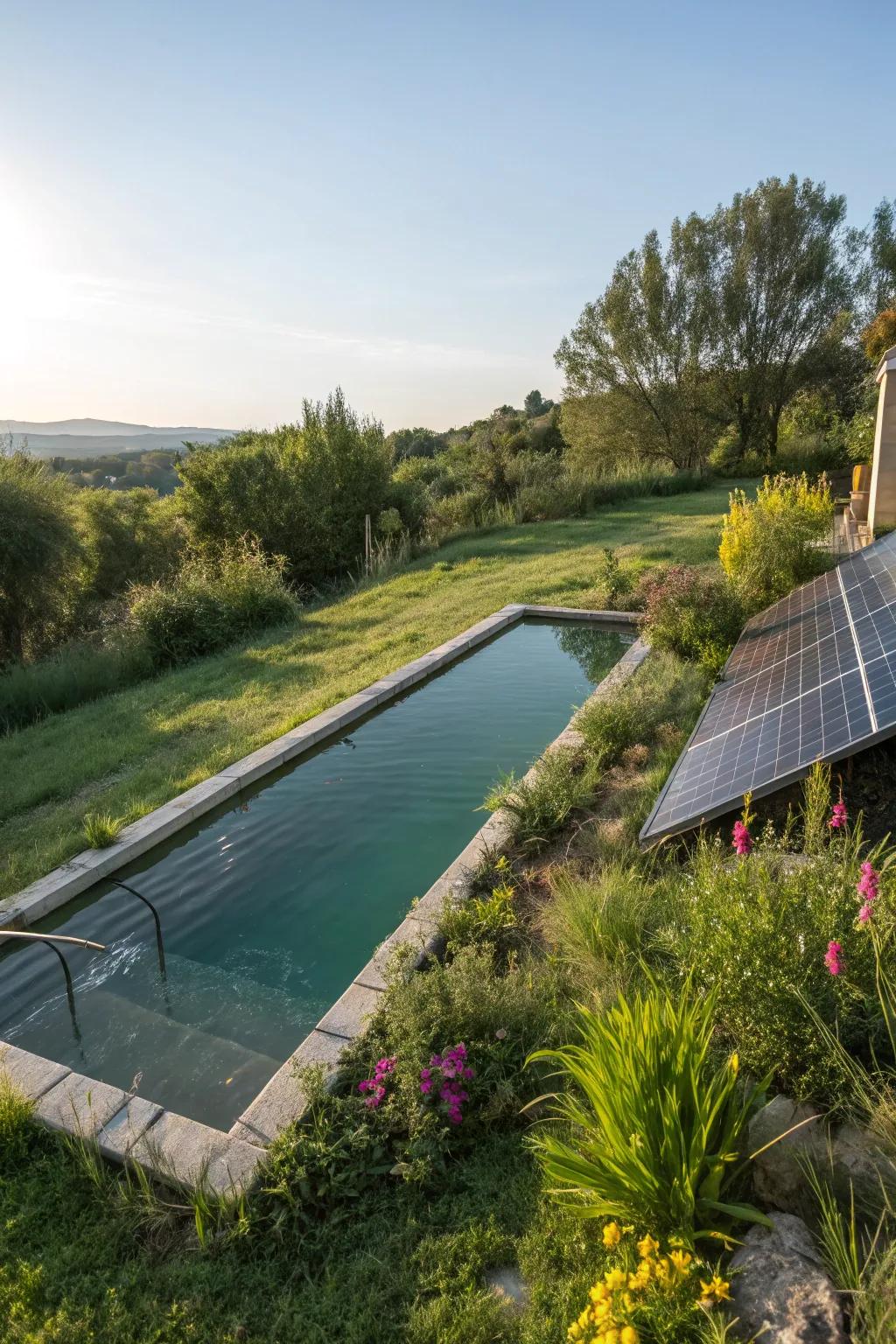 An eco-friendly narrow pool with sustainable features.