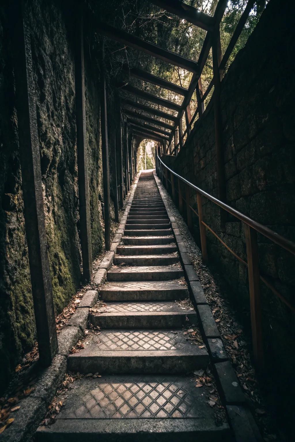 A narrow walkway designed with stepped levels for added dimension.