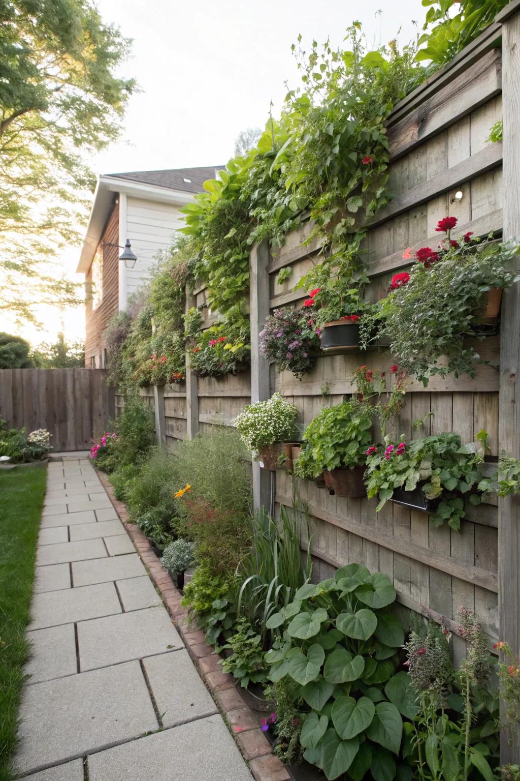 A living wall with a vertical garden adding greenery to a backyard fence.